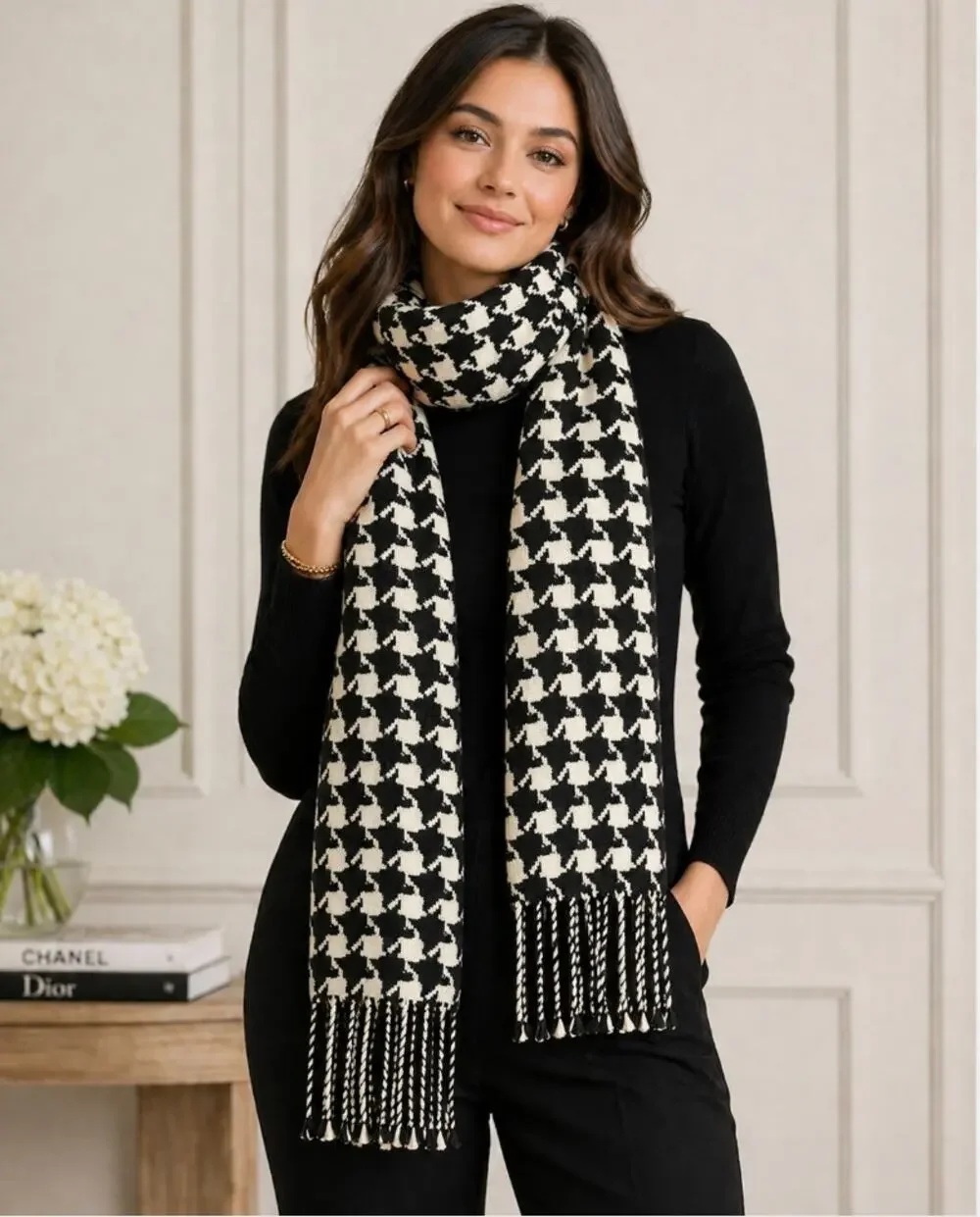 Ann Taylor 100% Cashmere Houndstooth Fringe Scarf Black Ivory Soft Wrap